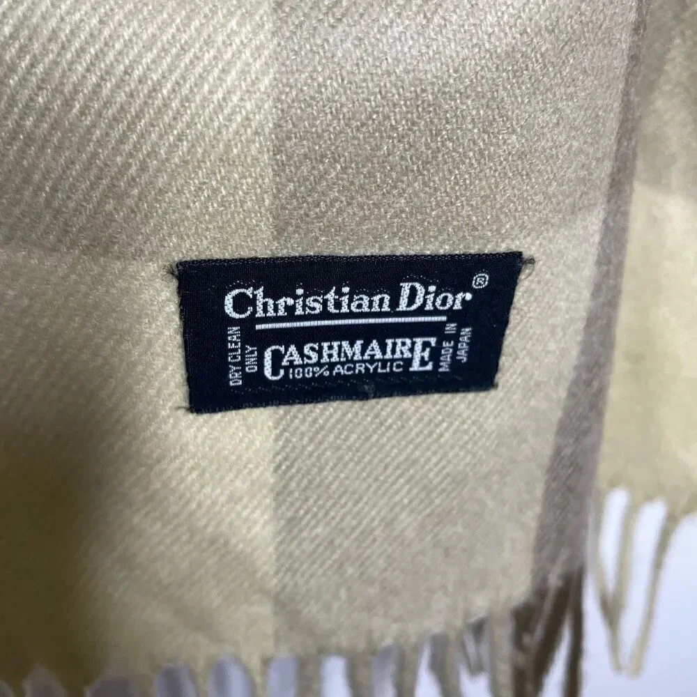 CHRISTIAN DIOR Monsieur Vintage Check‎ Tan Plaid Cashmaire Scarf Fringe 11”x48”